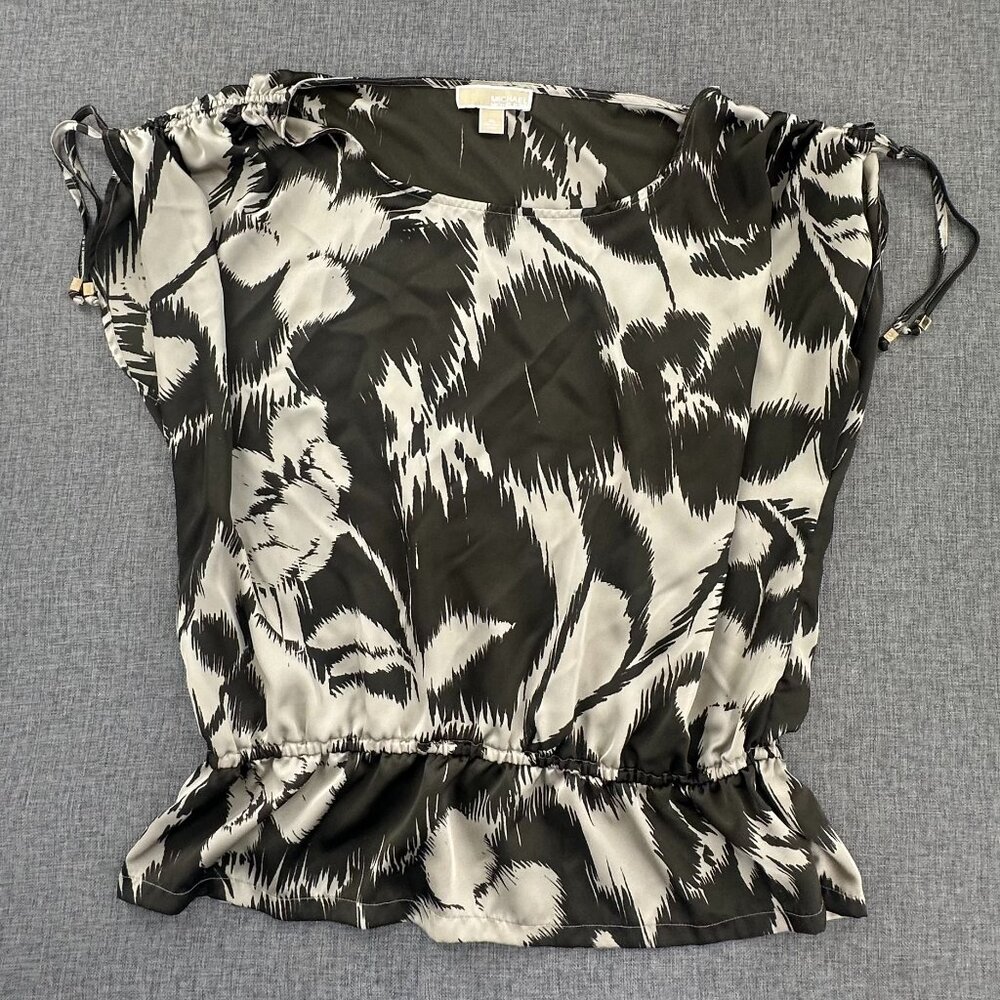Michael Kors Satin Blouse Flower Print Tan & Brown XL Boat Neck